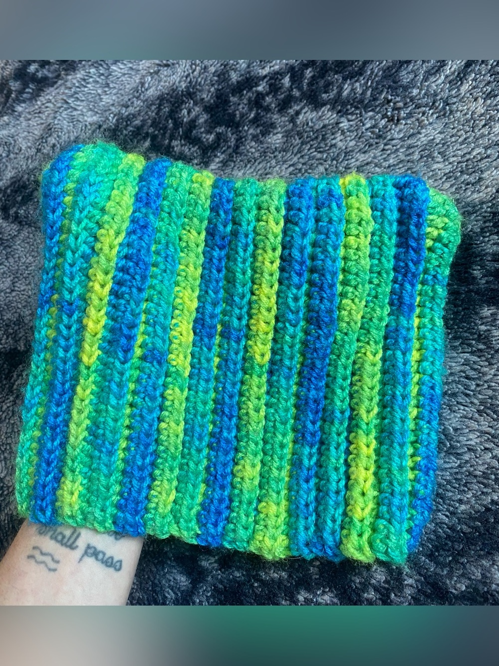 Handmade Blue & Green Crochet Children’s 4-5 Years Knit Cat Ear Beanie Hat